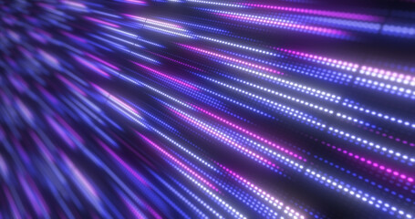 Abstract bright purple background pattern of flying lines of dots and glowing circles of futuristic digital energy magical bright particles - obrazy, fototapety, plakaty