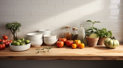 white tile wall of modern kitchen with cutting board, vegetables and kitchen utensils