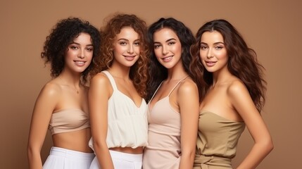 Skin, aesthetic and young friends together for self care, dermatology and support.Beauty, diversity and portrait of women happy with makeup for cosmetic skincare isolated in studio brown background.