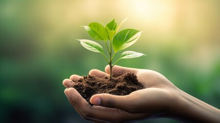 hand holding plant on blur green nature background, earth day concept