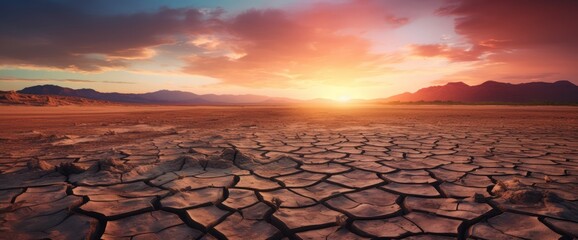 Global warming concept.Soil drought cracked landscape on sunset sky.Dry cracks in the land, serious water shortages.Drought concept.

