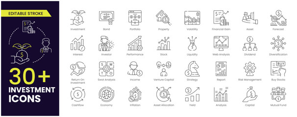 Investment stroke icon set. Containing investor, mutual fund, asset, Stock, risk management, economy, financial gain, Investor, interest and stock icons. Stroke icon collection.