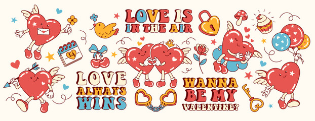 Hippie Valentine's day Sticker pack. Trendy retro doodle style. Fun 14 February set with heart shaped mascots and love slogans. Groovy stickers and prints. Hippy 60s, 70s style. Only good vibes.