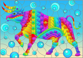 Stained glass illustration with abstract bright rhinoceros, animals on a blue background, rectangular image