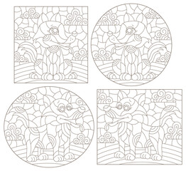 A set of contour illustrations in the style of stained glass with cute cartoon dogs, dark contours on a white background