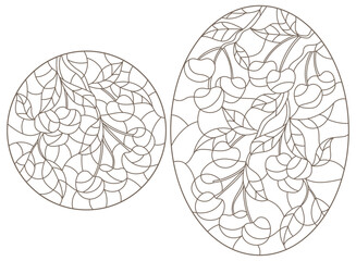 Set contour illustrations of stained glass style with a branch of cherry, dark contour on white background