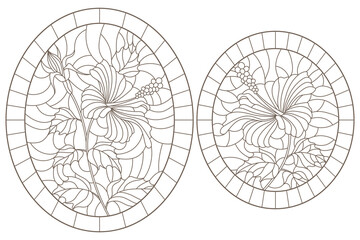Set of contour illustrations of stained glass Windows with hibiscus flowers, dark outlines on a white background - obrazy, fototapety, plakaty