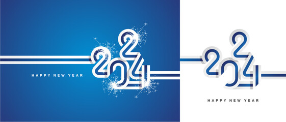 New Year 2024 continuous ribbon in the shape of 2024. Abstract white blue flag of Finland shape 2024 logo gift wrapping tape isolated on white and blue background