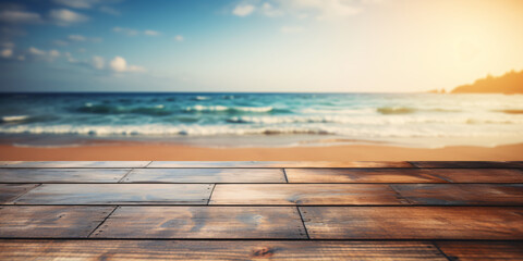 Fototapeta na wymiar Empty wooden table with serene seascape background, calm ocean, and blurry sky at the beach. For product display editing, concept of relaxing, Summer holiday.