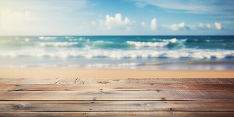 Empty wooden table with serene seascape background, calm ocean, and blurry sky at the beach. For product display editing, concept of relaxing, Summer holiday.