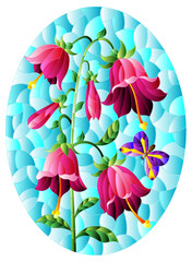 Illustration in stained glass style with pink bell flower and a butterfly on a blue background, oval image