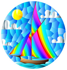 Illustration in stained glass style with an old ship sailing with rainbow sails against the sea and sun, oval image
