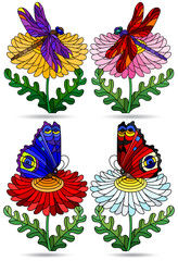 A set of illustrations in the style of stained glass with glass on flowers , butterflies and dragonflies, figures isolated on a white background