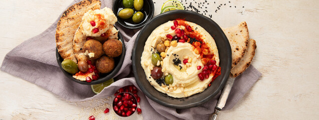 Traditional homemade hummus, falafel and pita.