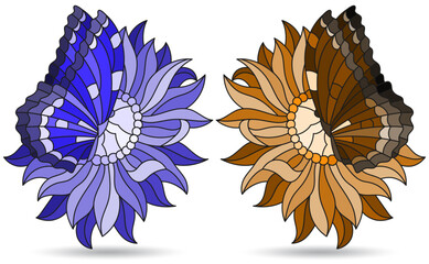 A set of illustrations in the style of stained glass with glass on flowers and butterflies, figures isolated on a white background, tone blue and brown