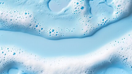 Shampoo or detergent foam with bubbles on soft blue background. Horisontal banner, template for advertising. AI generated image.  - obrazy, fototapety, plakaty