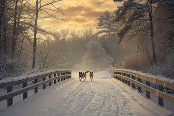 a golden sunrise, two dogs are walking toward the camera on a snow-covered bridge surrounded by frost-covered trees. - Powered by Adobe