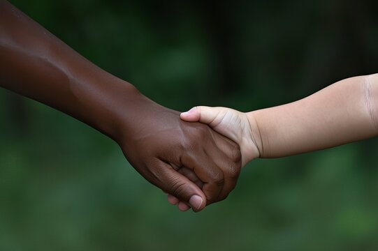 Multicultural concept, two children holding hands together. Friendship, support, equality and diversity. AI generated image. 
