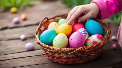 Fototapeta na wymiar Close up children hand hold basket of colorful Easter eggs