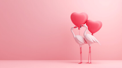 Flamingos kissing with heart balloon, pink blank background with copy space. Valentine's day concept.