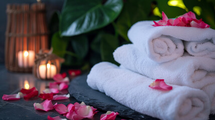Obraz na płótnie Canvas Tranquil Spa: Fluffy White Towels, Fragrant Rose Petals, and Soft Candlelight