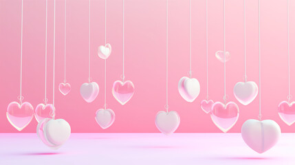 Hanging hearts glass pink blank background with copy space.