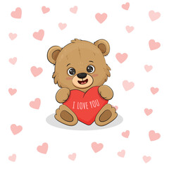 Cute cartoon teddy bear isolated on background with hearts. Postcard for Valentine's Day, Mothers day.Vector illustration