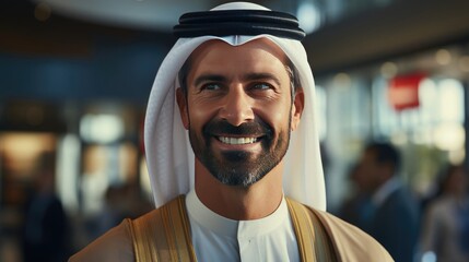 Portrait of handsome arabian man in sunglasses smiling and looking at camera