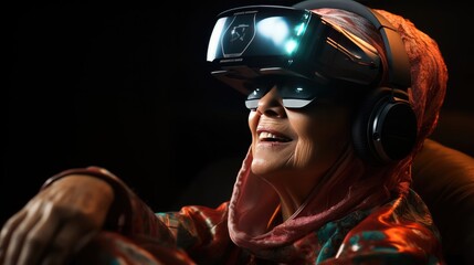 Mature woman using virtual reality headset, virtual reality concept