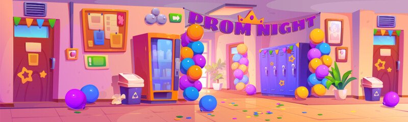 School hallway decorated for prom night party. Cartoon corridor interior with party flags, balloons and confetti for graduation event celebration. Lobby with door to class, lockers and vending machine © klyaksun