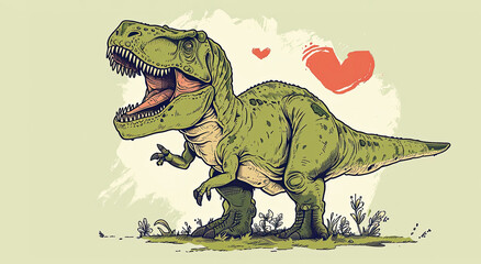 Fototapeta premium Cute green dinosaur baby T-rex with heart. Holiday banner. Watercolor hand drawing. Birthday greeting card