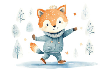 Happy fox ice skating. scandinavian style illustration. Winter outdoor fun