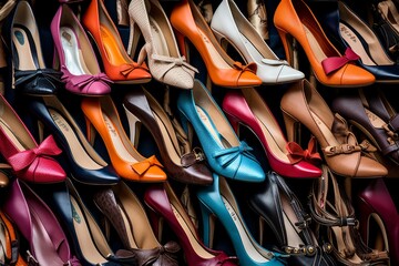 Photo of a stack of colorful and fashionable women's shoes. Generative AI