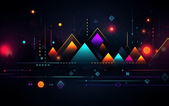 Colorful geometric structures design on black background wallpaper. Dark background. AI generated