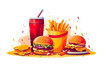 Flat illustration of delicious hamburger with fries and cold drink generative ai