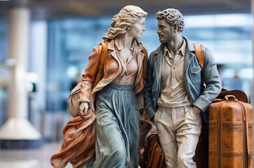 Antique sculptures of man and woman at the airport with baggages. Concept of endless love, mythology, vamentine's day, vacation, family travel. AI generated - obrazy, fototapety, plakaty