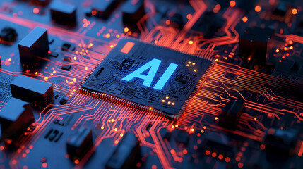 Ai logo in computer chip, nanotechnology AI chip concept design.