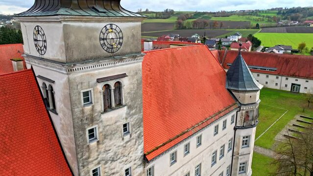 Flying Close To Hartheim Castle In Alkoven, Upper Austria - Drone Shot