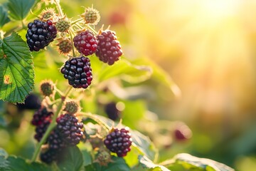 Close up blackberries with leaves in the garden at sunrise