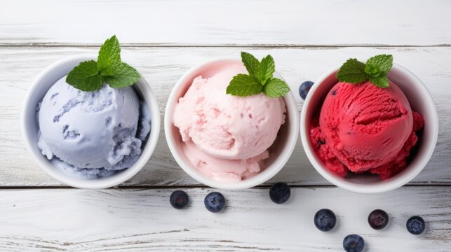 Three Ice Cream Scoops with strawberry, blueberry, and vanilla flavour