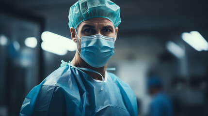 Surgeon wearing a coat, hat, and mask, ready to work and with a serious look on his face. - obrazy, fototapety, plakaty