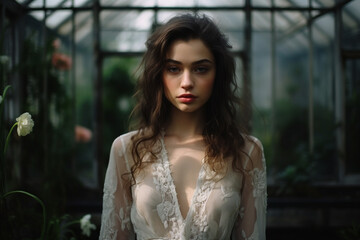 Fototapeta premium Beauty, fashion and make-up concept. Young beautiful woman portrait in orangery. Sexy and seductive looking model in old conservatory looking at camera with seductive look. Greenery in background
