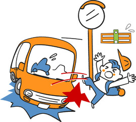 通学路で出会いがしら自動車にはねられて大変なことになっちゃった僕　イラスト素材
