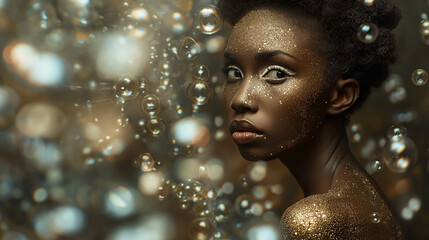 A close-up of an African American woman adorned with gold glitter on her face and body, enveloped by bubbles in a fashion photoshoot