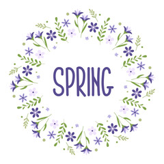 Spring card with crocuses. Decorative round frame. Design elements for invitations, label, sale, scrapbooking.