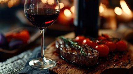  a glass of wine sitting next to a piece of steak on a cutting board with tomatoes on top of it.