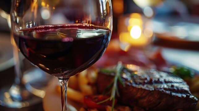  a close up of a plate of food with a glass of wine in the foreground and a glass of wine in the background.