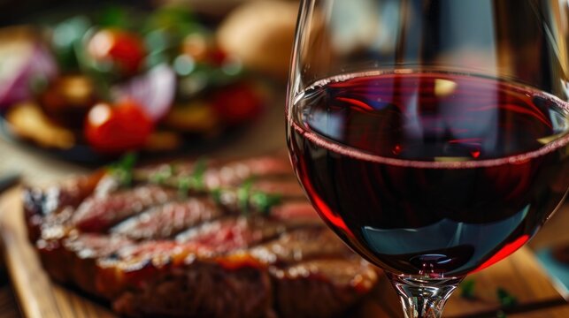  a glass of red wine sitting on top of a wooden cutting board next to a steak on a cutting board.