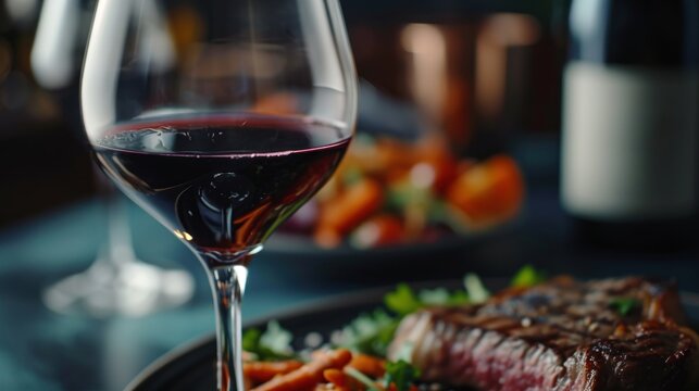  a close up of a plate of food with a glass of wine in front of a plate of food and a bottle of wine.