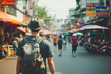 Wanderlust chronicles. Asian adventure unveiled young man with backpack exploring vibrant streets of embracing urban beat and traditional charms of culture
